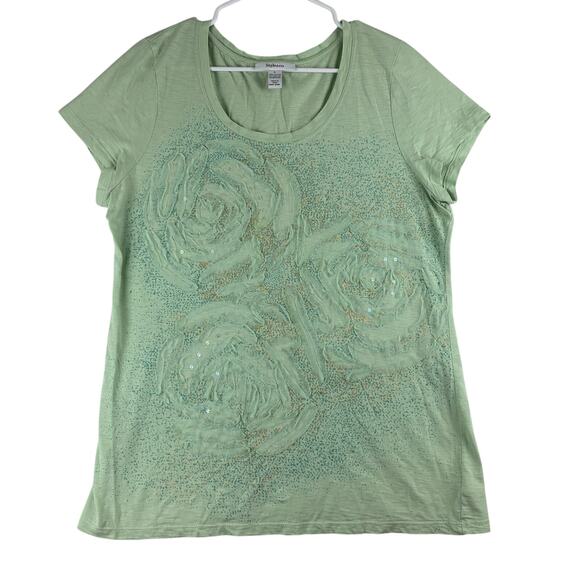 Y2K Style & Co Short Sleeve Top Womens Large 100% Cotton Sequin 3D Tulle Flowers - Picture 1 of 10